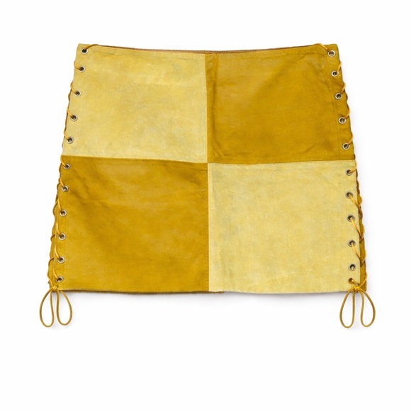 Vintage Suede Leather Patchwork Mini Skirt‎ Lace Up Gold Yellow 70s